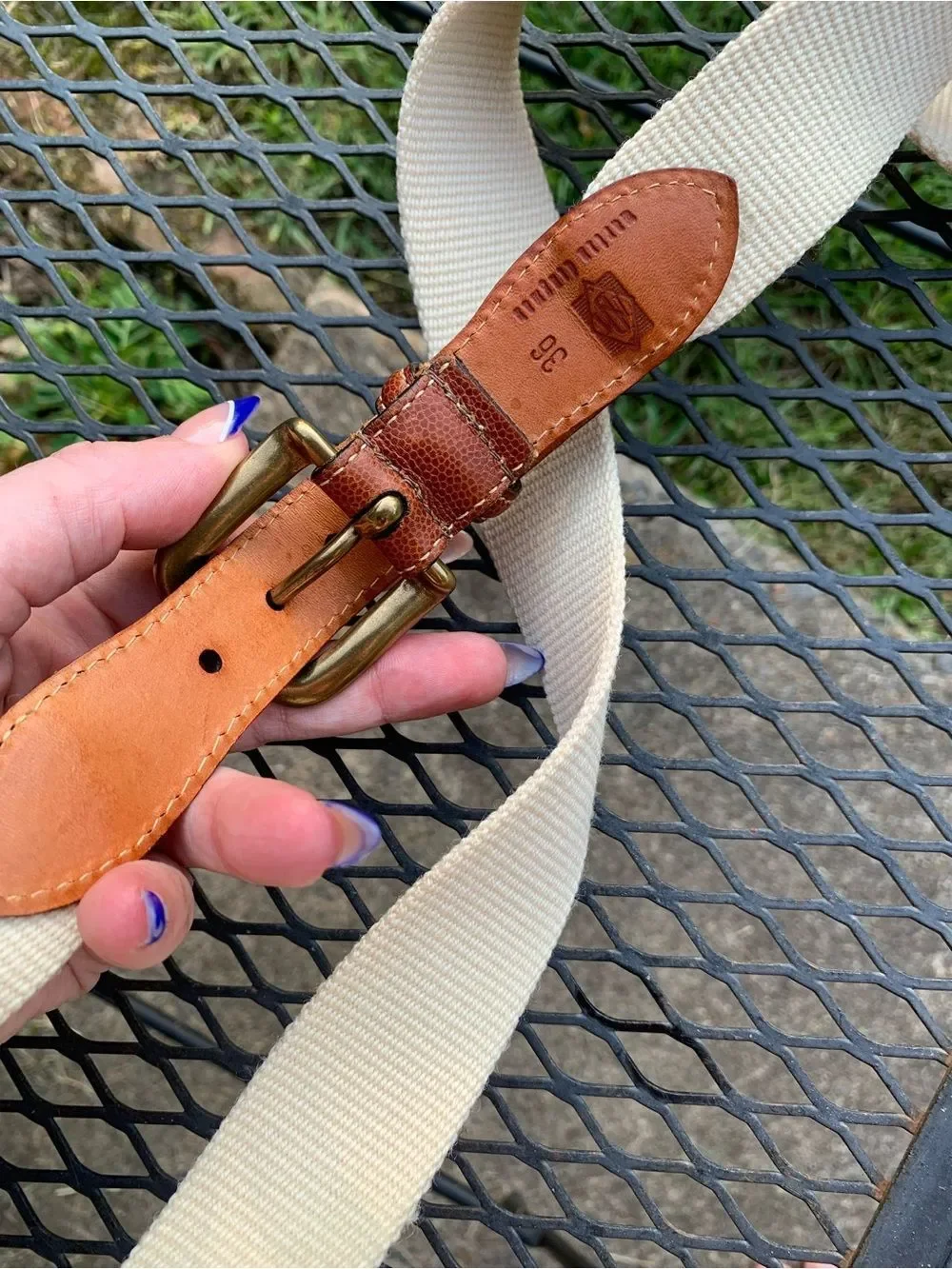 Vintage Martin Dingman Cream Canvas and Tan leather belt with brass buckle